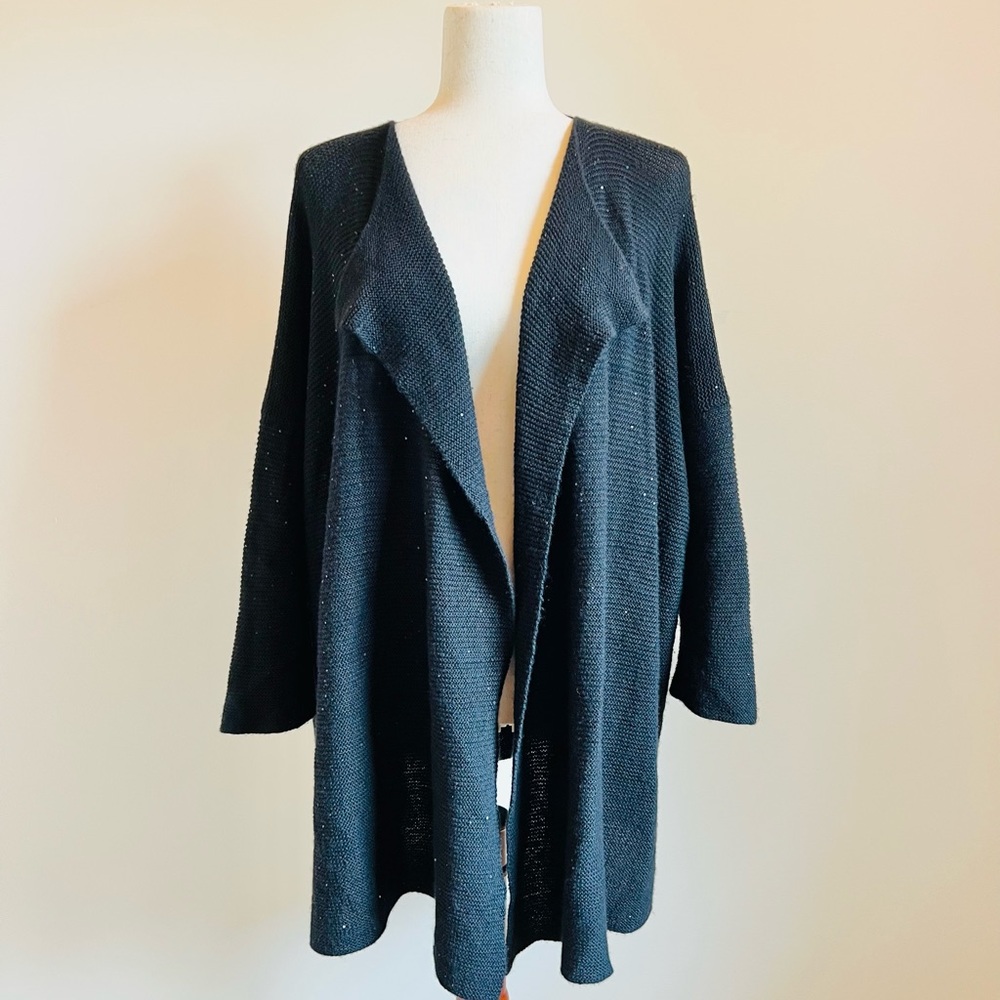 Eskandar Black Sequin Open Front Cardigan Oversized Lagenlook Sweater One Size